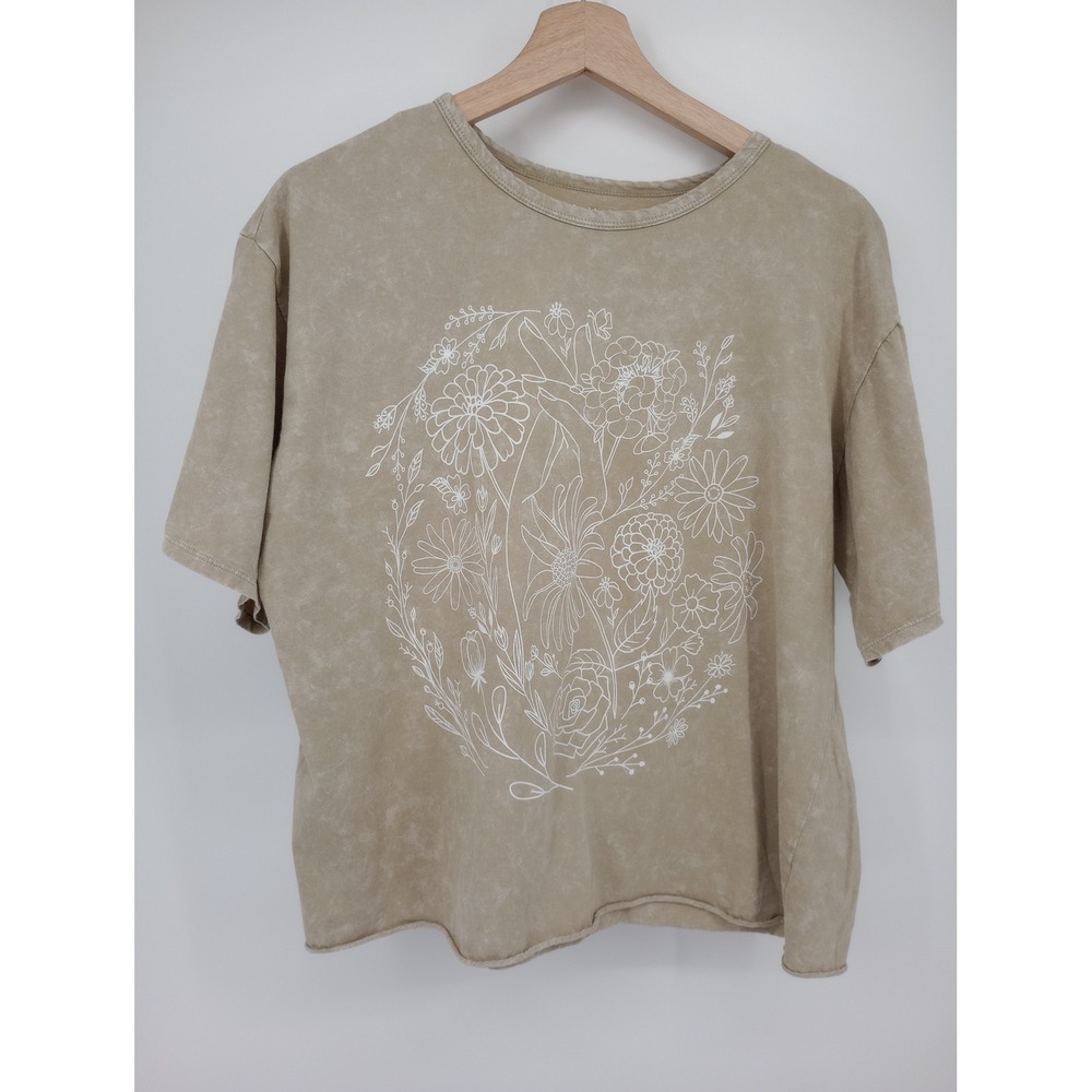 double:dot T-Shirt Women Large Tan Floral Acid Wash Short Sleeve Cotton Tee